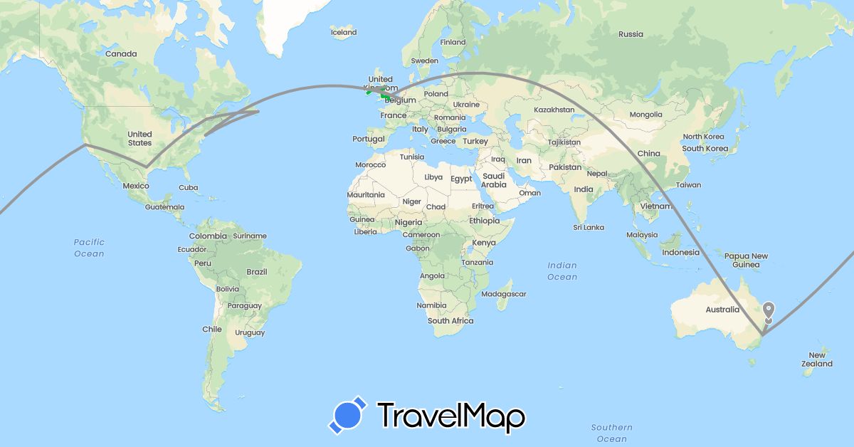 TravelMap itinerary: driving, bus, plane in Australia, Belgium, Canada, United Kingdom, Ireland, United States (Europe, North America, Oceania)